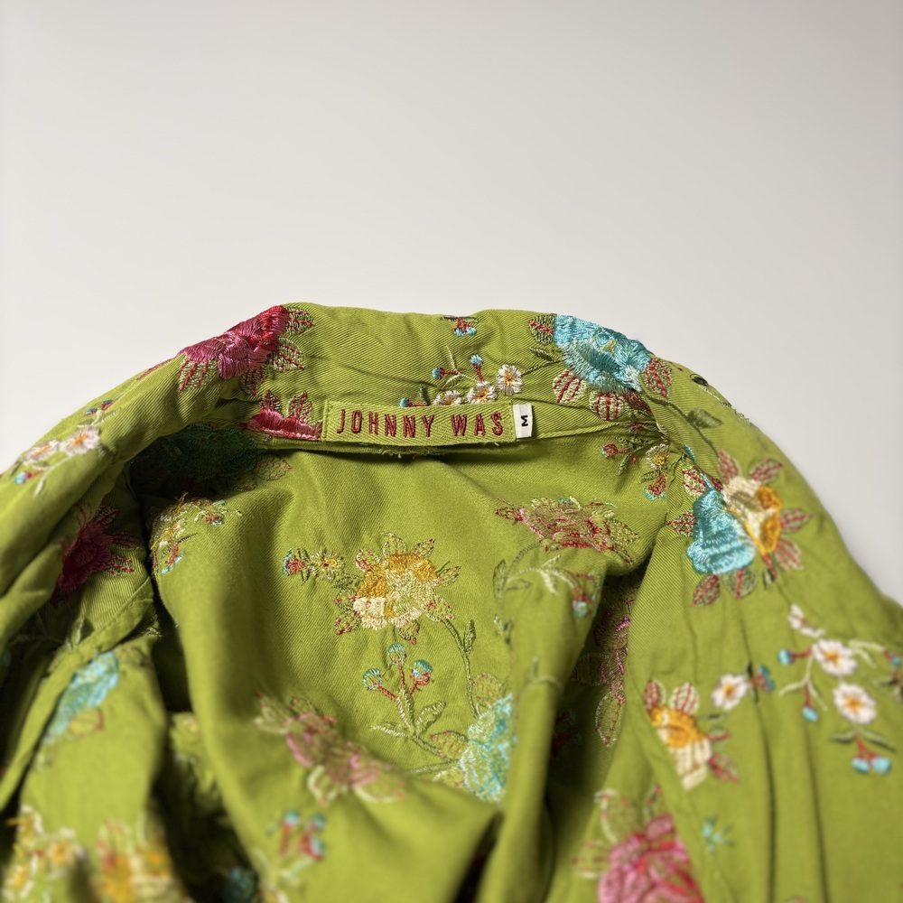 Johnny Was Embroidered WhimsicalFloral Green Boho Jacket 100% Cotton Size M